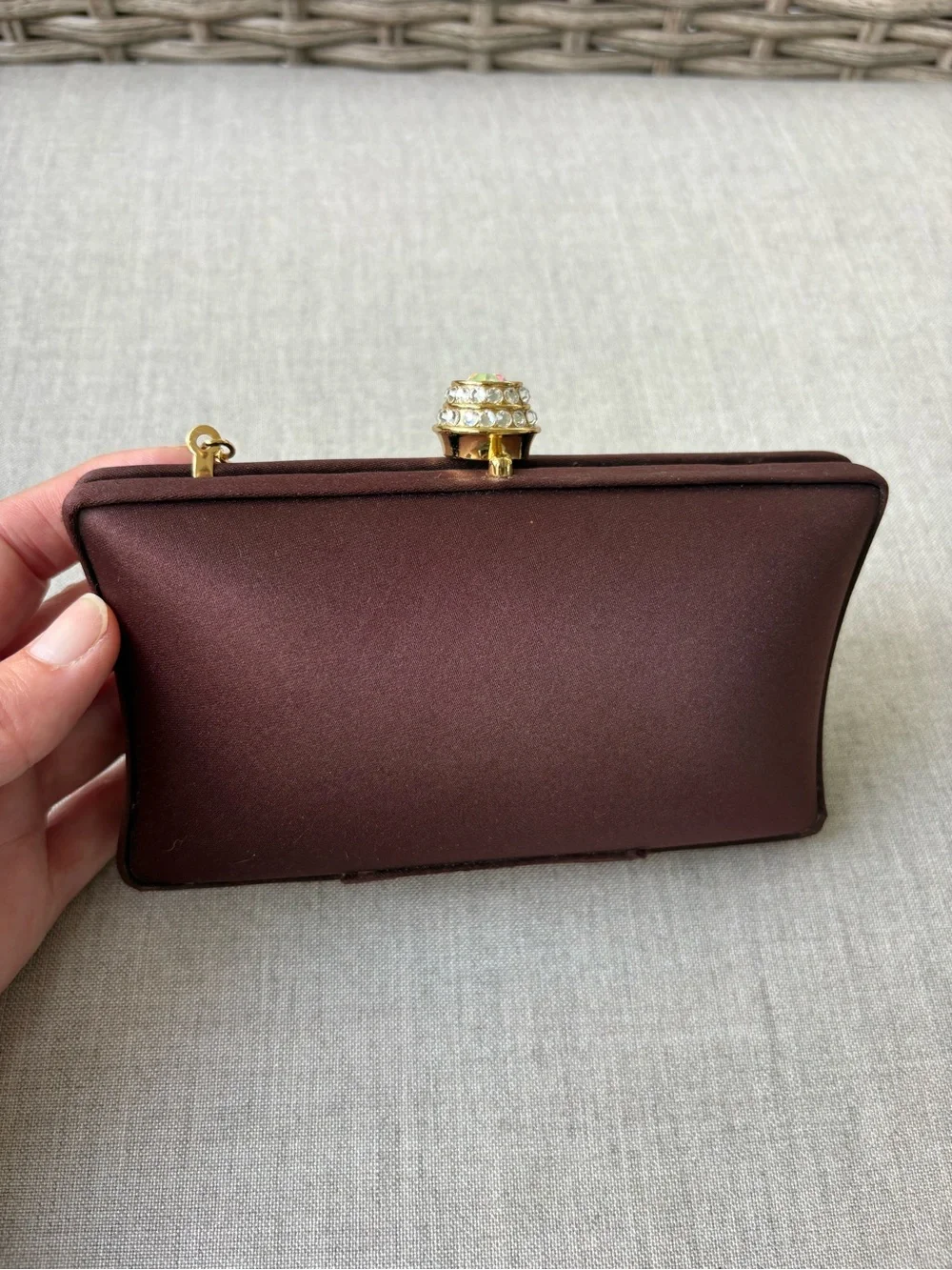 Carlo Fellini Brown Satin Evening Clutch with Gold Chain